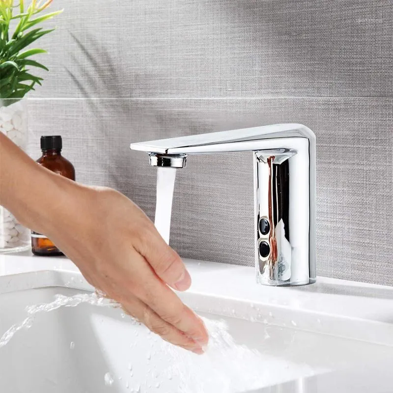 Grifo electrónico de baño con sensor automático, grifo de lavabo de baño  sin contacto, cromado, activado por movimiento, manos libres, fácil