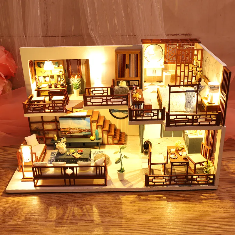 Bricolage maison de poupée en bois maisons de poupée Miniature maison de poupée Kit de meubles jouets pour enfants nouvel an cadeau de noël Casa T200116266o