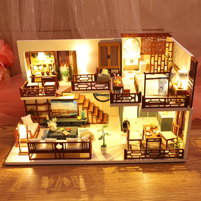 DIY DollHouse Wooden Doll Houses Miniature Dollhouse Furniture Kit Toys for children New Year Christmas Gift Casa T200116189O