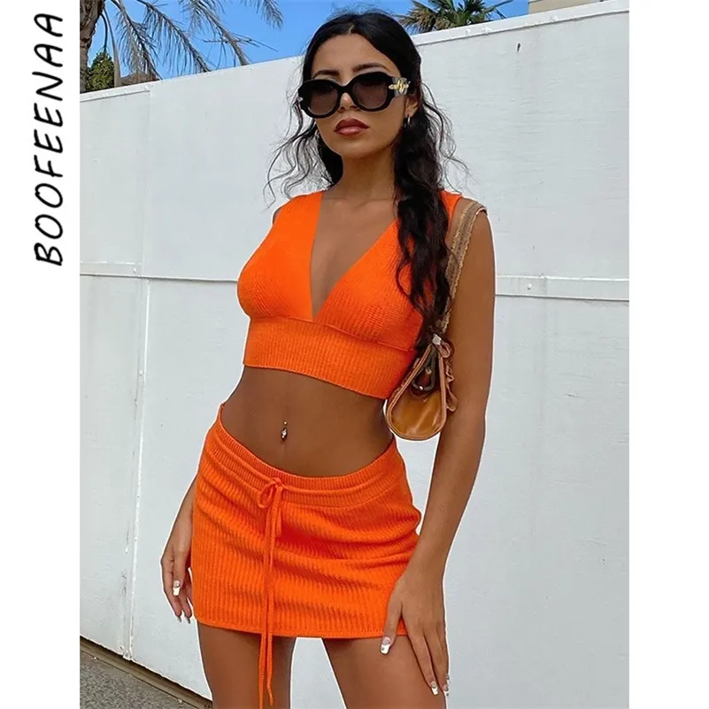 Two Piece Skirt Orange Ribbed Skirt Summer Skirt Sets, Neon Orange