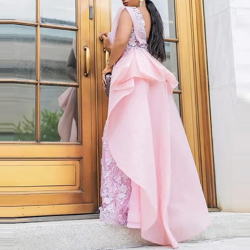 Chic Pink Deep V Neck Mermaid Prom Dresses Lace Applique Backless Women Formal Dress Custom Made Plus Size aftonklänningar 2021202V