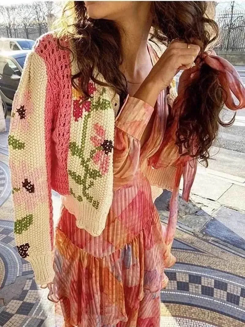 Boho inspirado crochê floral para manga longa colheita bonito suéter rosa mulheres malha boho inverno cardigan lj201112