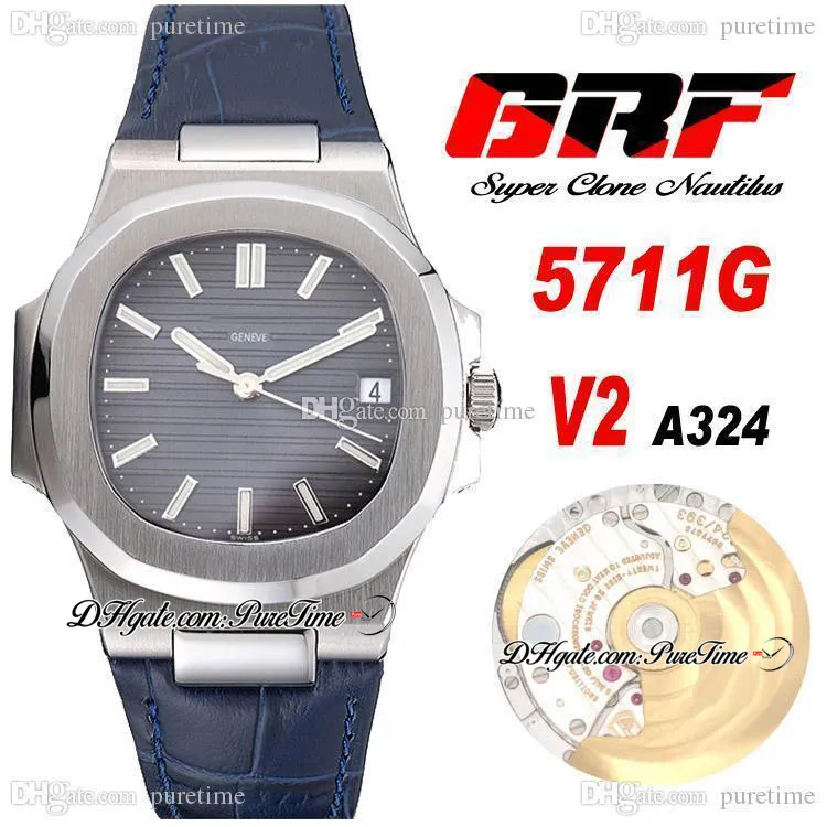 Grf v2 5711g pp324sc A324 A324 Mens Automático Assista Caixa De Aço Cinza Dial Texturizado Azul Couro Strap Super Edição 6 estilos Relógios Puretime C3