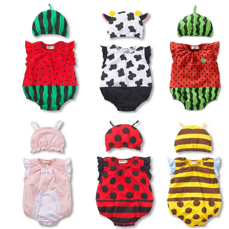 Bébé Body + Chapeau D'été Bébé Garçon Filles Pastèque Fraise Coccinelle Combinaison Coton Infant Toddler Costumes Sans Manches G1221