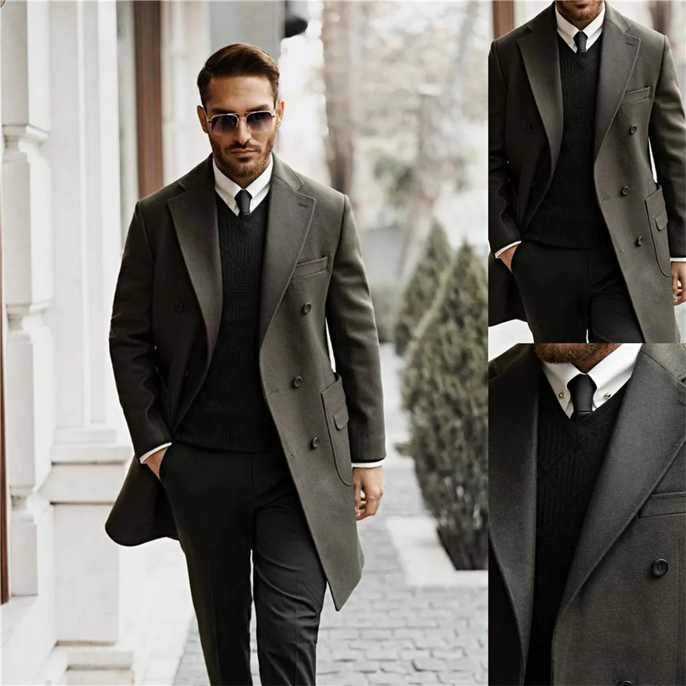 Winter Men Wedding Tuxedos Coats Woolen Solid Long Sleeve Jackets Fleece Men Overcoats Streetwear Fashion Long Trench Outerwear