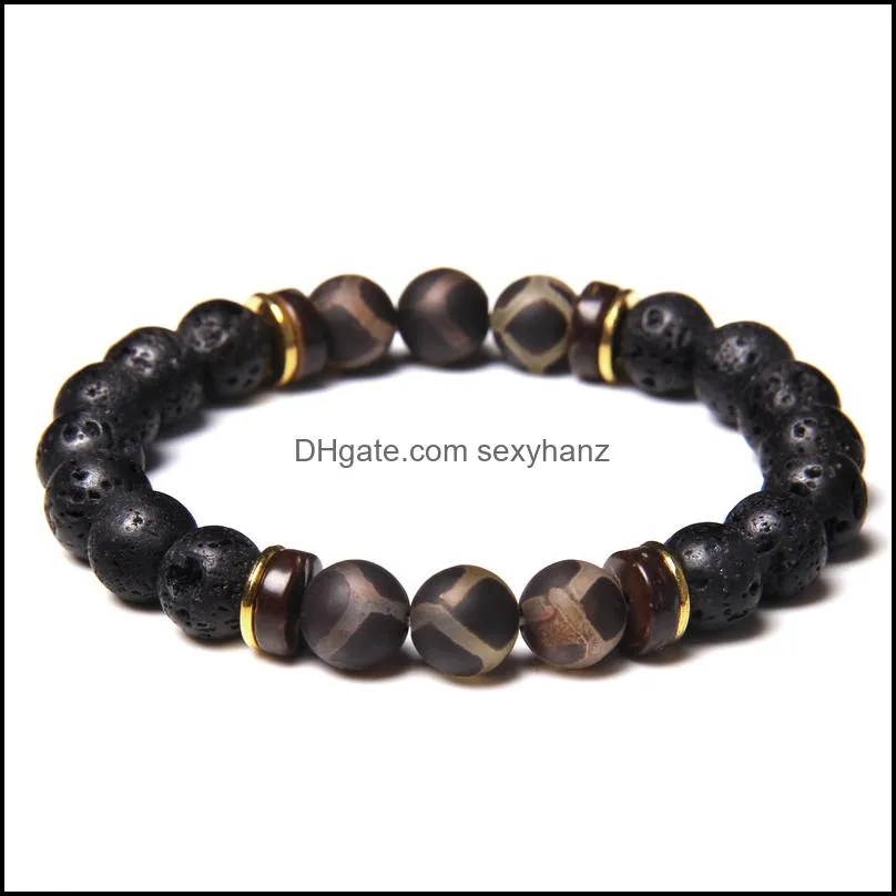 Men Bracelets Buddhism Tibetan Agat Wood Charm Bracelet Black Natural Lava Rock Stone Bangle Stretch Jewelry Women Yoga Pulsera