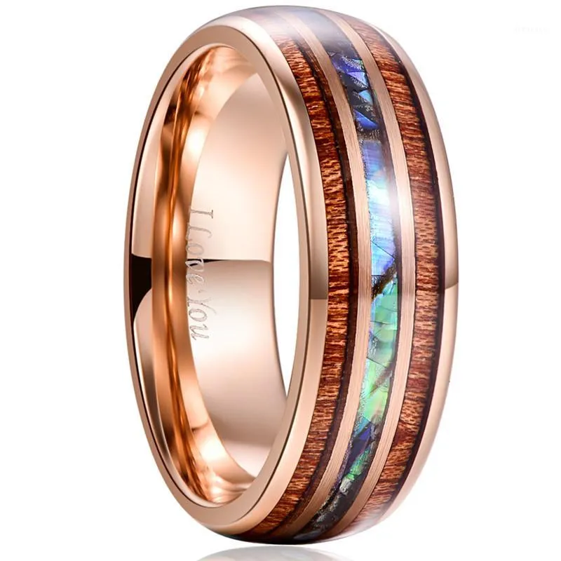 8MM Acacia Abalone Shell Anello in acciaio al tungsteno Maschio Colore oro rosa Fidanzamento Anniversario Regalo di compleanno Anello da uomo in legno Bague Homme1