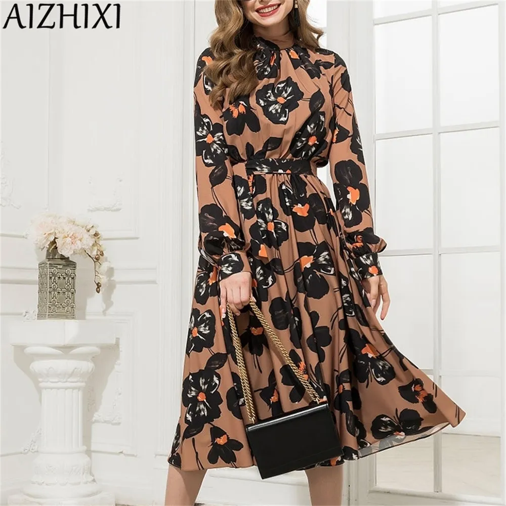 AIZHIXI Vintage Mock-Cuello Vestido de mujer Otoño Mangas largas Fajas Slim A-Line Vestido impreso Midi Vestidos de fiesta Plus Tamaño LJ200818