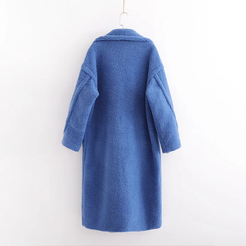 Outono inverno mulheres royal azul casaco elegante feminino grosso quente cashmere casaco casual streetwear 201103