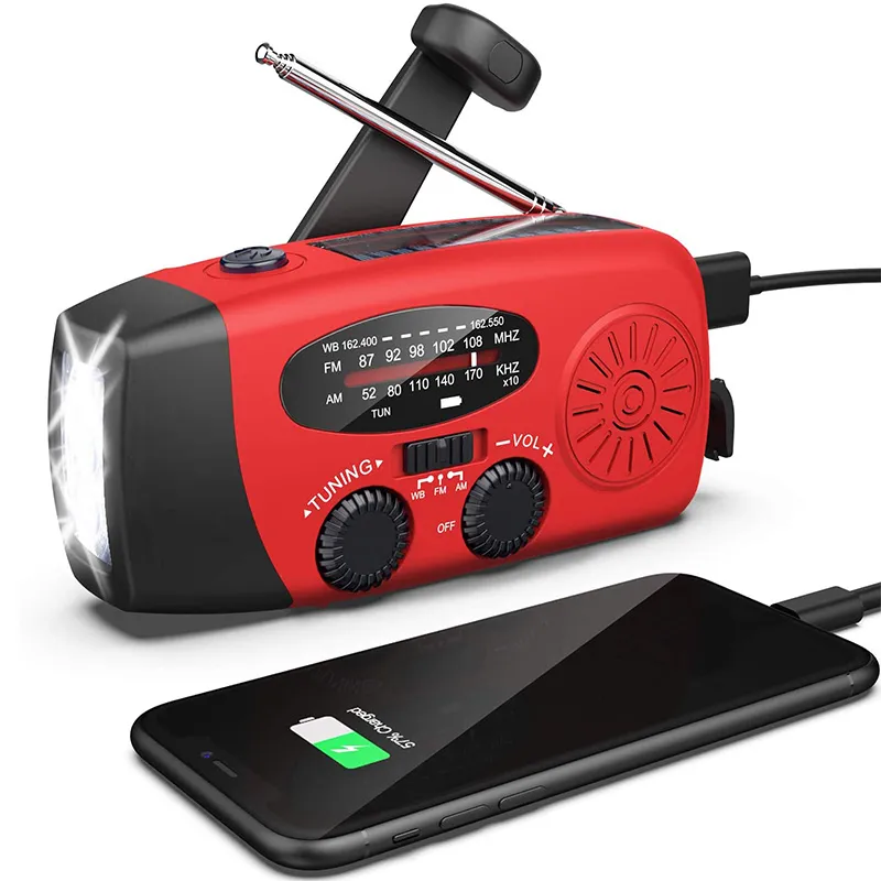 Radio a manovella con torcia elettrica per emergenza, radio solari portatili, meteo NOAA AM/FM autoalimentato con caricabatterie per cellulare Power Bank da 2000 mAh,