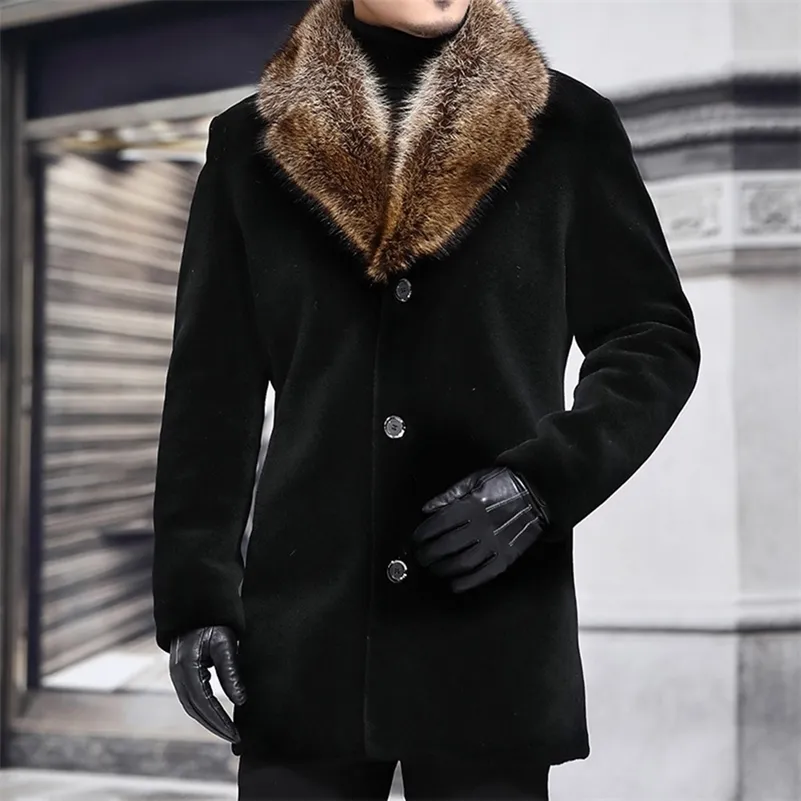 Winter Men Long Coat Wool Blend Faux Fur Collar Black Warm Male Slim Casual Windbreaker Jacket Autumn Trench Outwear Plus Size 201214