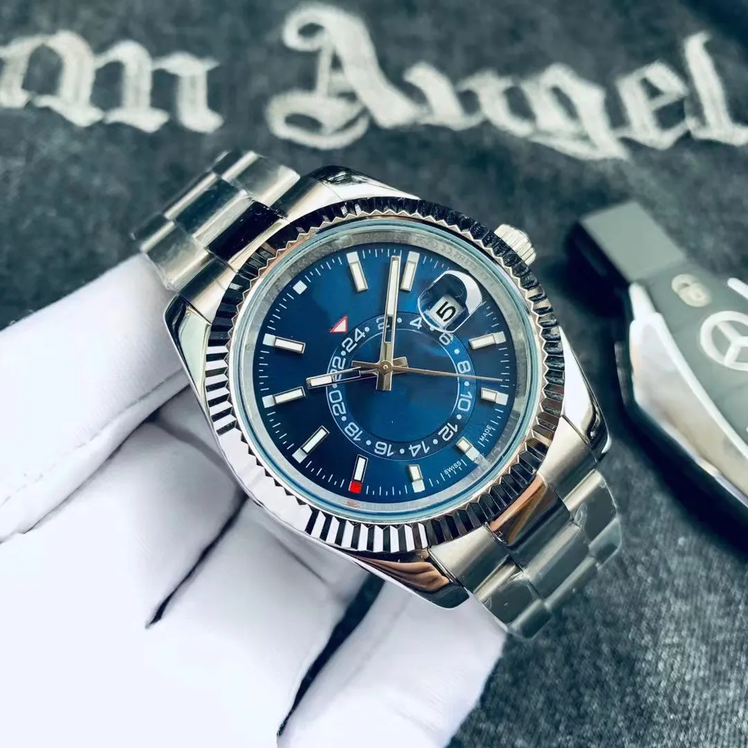 Högkvalitativt modemärke Herr Automatisk 41mm Titta i rostfritt stål Självrörelse Blu Ray Glass Wristwatches