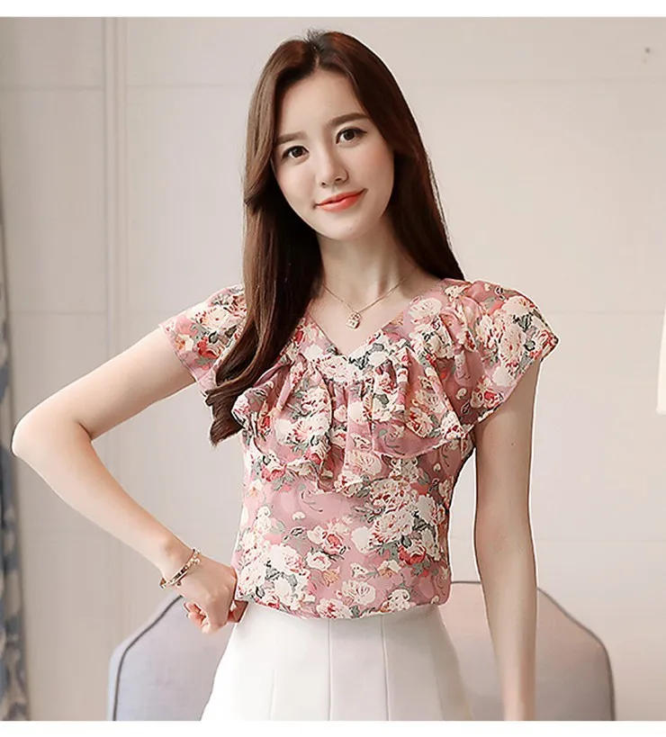 2018 Fashion Summer Blouses Women Shirts Plus Size Floral Tops Ladies Short Sleeve Chiffon Blusas Feminina Ruffled Blouse Mujer (9)