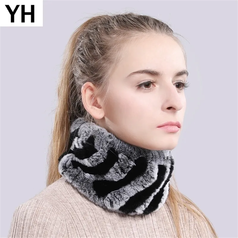 Frauen Echte Handgemachte Stretch Schal Stricken Echte Rex Kaninchen Stirnbänder Mädchen Natürliche Pelz Ring Cowl Snood Schals Winter Y201007