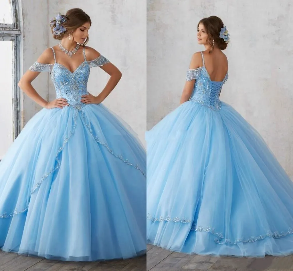 2021 Light Sky Blue Ball Toga Quinceanera Jurken Kralen Spaghetti Sweet 16 Dress Lace Up Prom Party Dress Custom Made QC202101