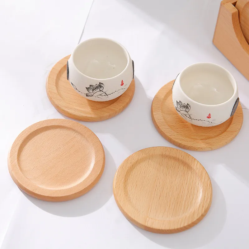 6st / set Träkustar Set Round Beech Wood Cup Mat Bowl Pad Kaffe Tea Cup Mats Middag Placemats Cup Hållare Hem Kök Verktyg WVT1151