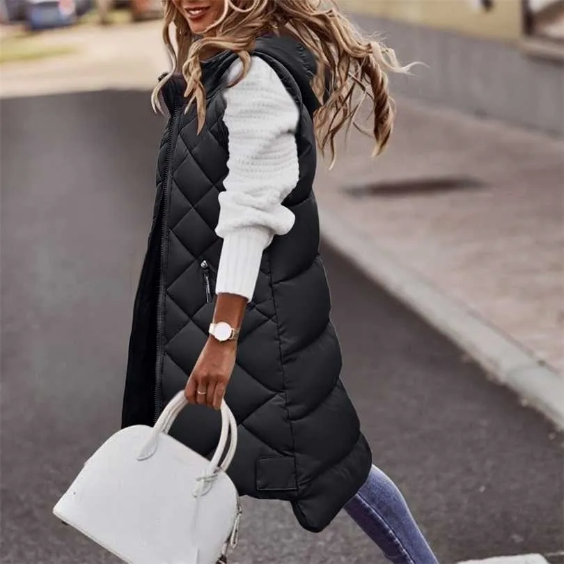 Women's Long Coat Vest Hood Sleeveless Winter Warm Down Pockets Quilted Jacket Puffer Waistcoat Outdoor # 211220