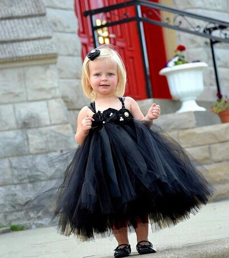 abito da ballo in tulle nero abiti da ragazza di fiori per matrimonio fiori gotici fatti a mano cinghie di lunghezza del tè abiti da spettacolo per ragazze per bambini