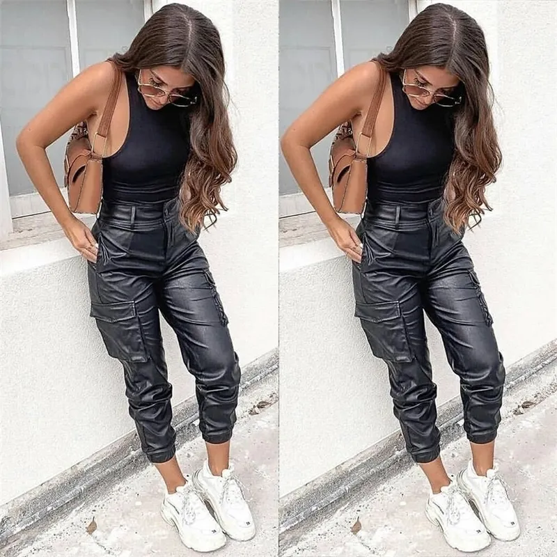 High Waist Black PU Leather Cargo Pants For Fashionable Girls Spring Fashion  Streetwear Punk Faux Leather Trousers D30 201119 From Dou04, $16.77
