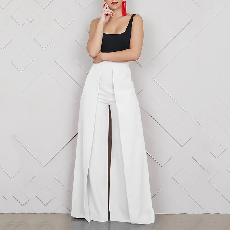 Versear Elegant High Waist Women's Trousers Autumn Fashion White Ladies  Office Baggy Zipper Wide Leg Pants pantalon femme 201031