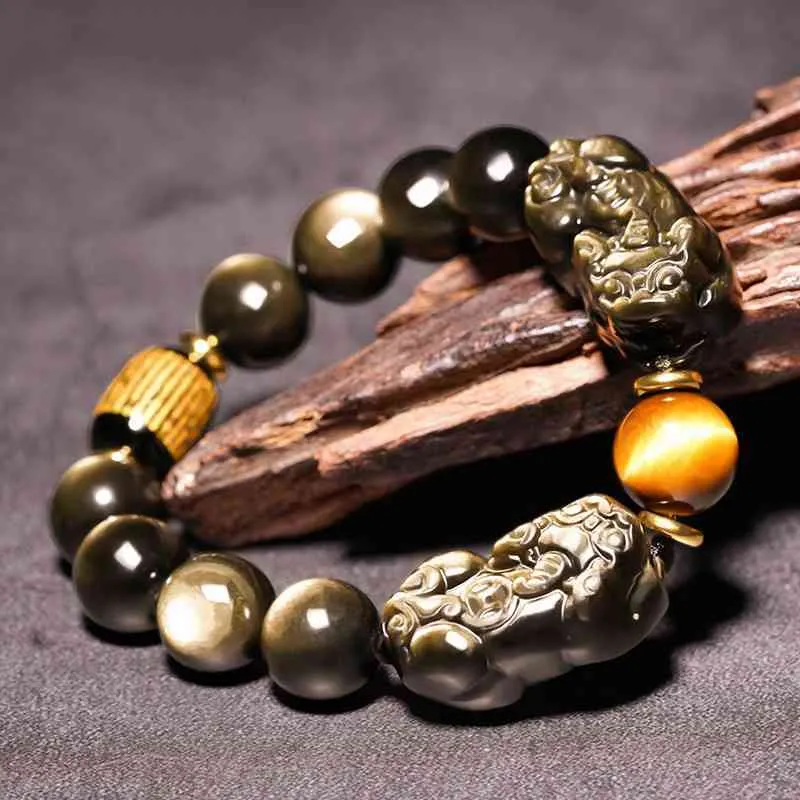 Natural Obsidian, Gold Man's Armband, Fortune Calling Jade, Lederen Hill, Boeddha Kralen, Hand Sieraden, Dames