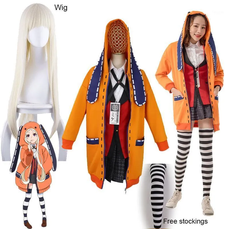 Yomoduki Runa Cosplay Kostym Kakegurui tvångsspelare Runa Cosplay Wig och Orange Hooded Jacket JK Uniforms1