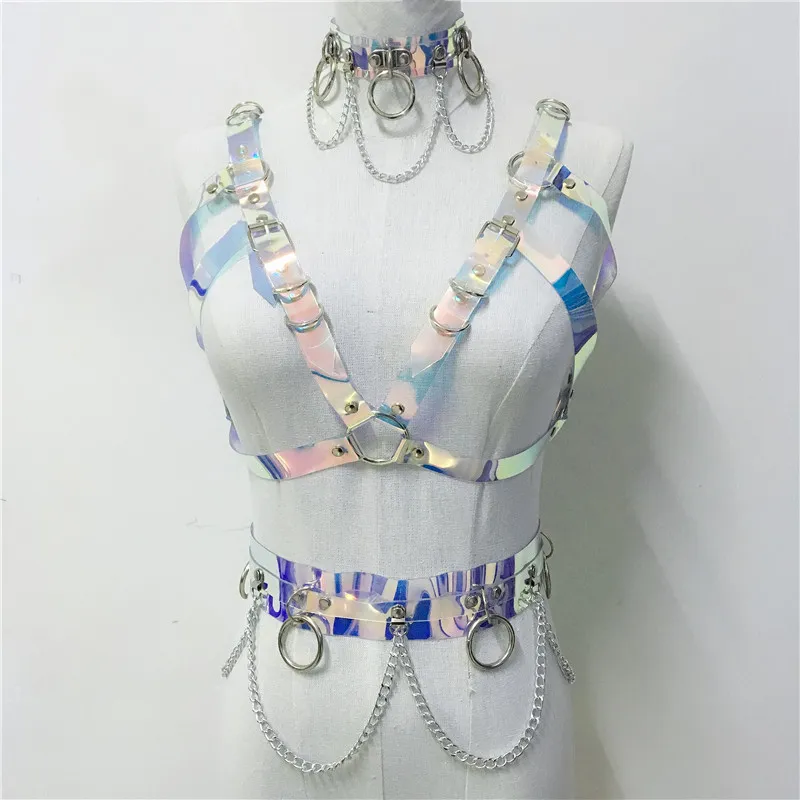 Seksowne kostiumy Gothic Handmade Holograficzne PCV 3 sztuki Zestaw Kobiety Kołnierz Choker Sexy Crop Top Link Łańcuch Waicer Belt Rave Festival Zestawy pasujące