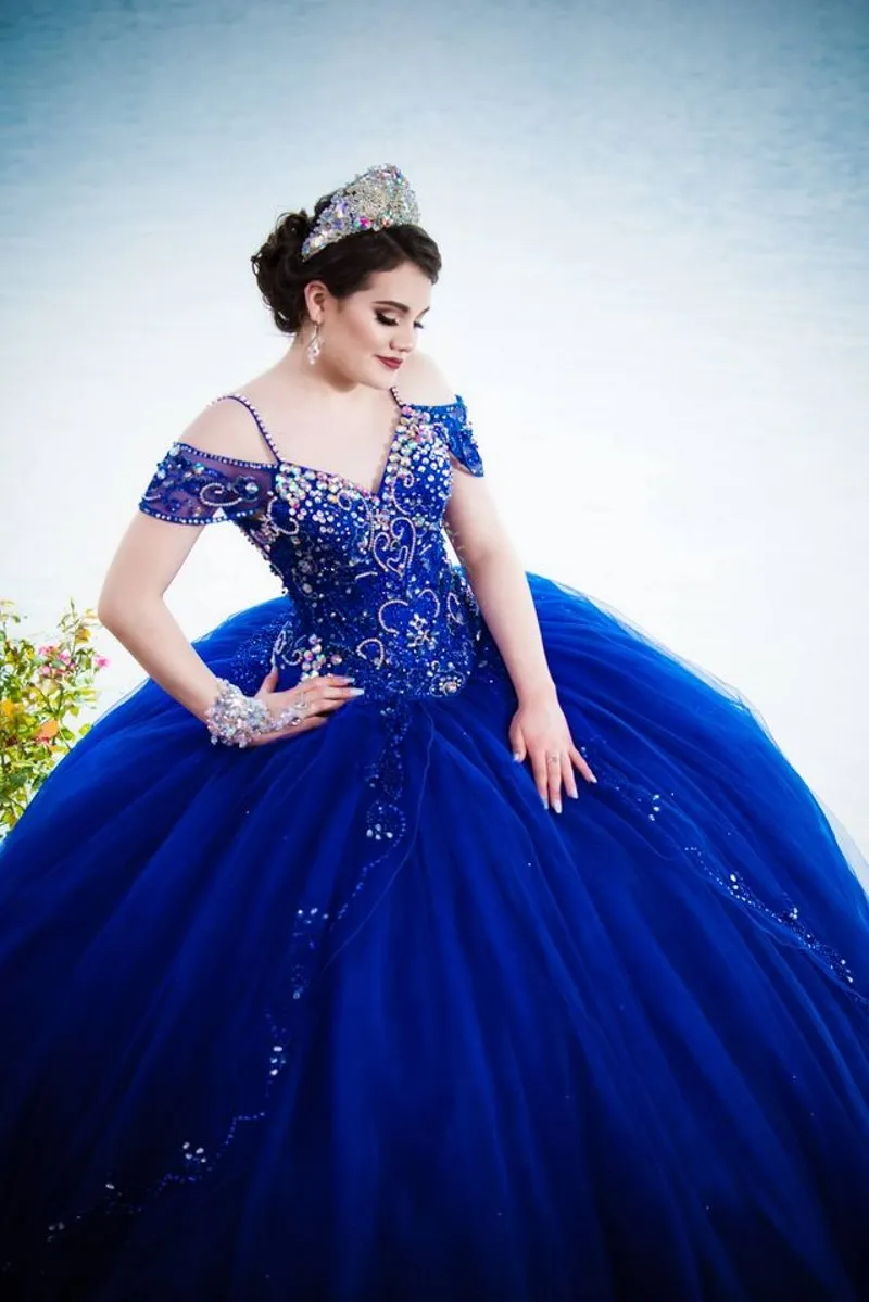 Старинные синие кристаллы шариковые платья Quinceanera платья крупные бисером длинные ремни из тюля формальный Brithday Prom Party носить сладкое 15-летнее 16 платье