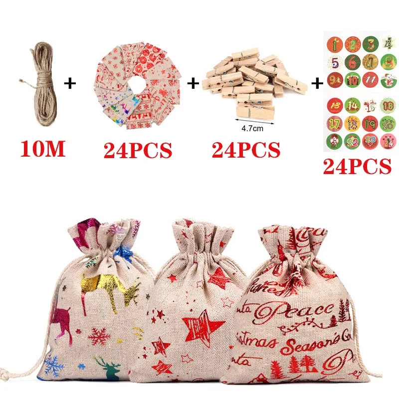 Noel hediye torbası keten Tuval çocuklar için küçük ipli şeker torbası Santa sırt çantası Noel süsleri set