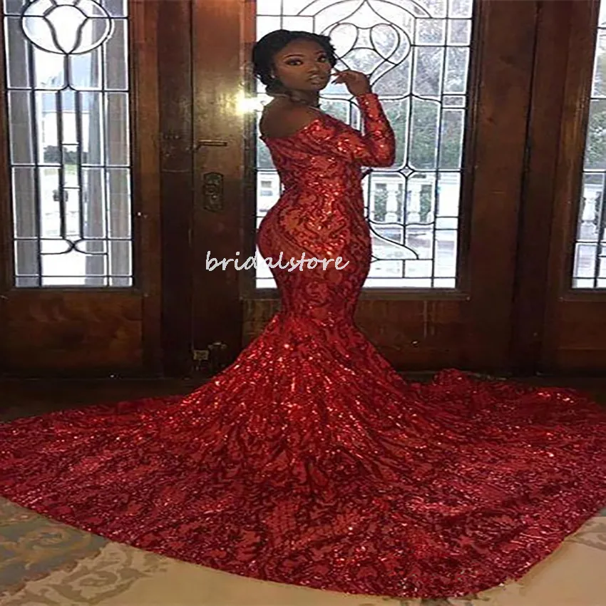 Black Girls Sparkle Cekinowe Dresses Red Aso Ebi 2022 Sexy Off The Ramię Syrenka Suknia Wieczorowa Glitter Formalna Party Dress Z Train Plus Rozmiar Robes De Soirée