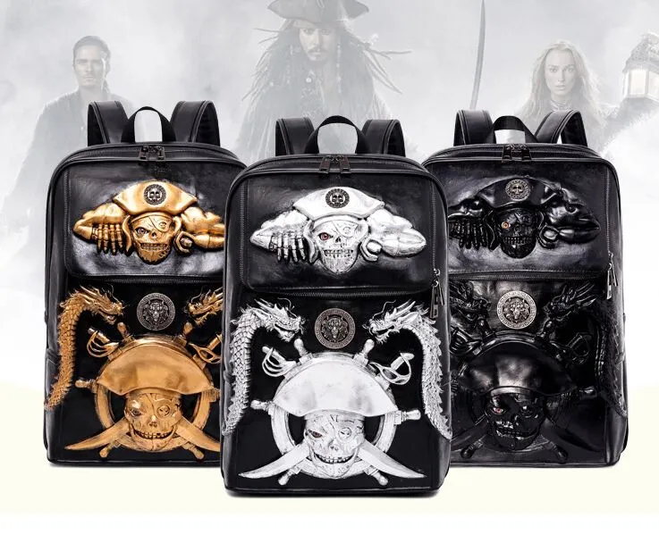 Fashion 3D Embossed Pirate Skull Men Backpack dragon Laptop travel bag Women unique personality Cool Men School Bags