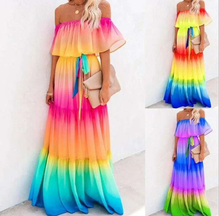 Damen-Maxikleid, elegant, schulterfrei, für den Sommer, Rüschen, Strand, Regenbogenfarben, plissiert, lässig, lange Kleider, volle Länge, S-2XL