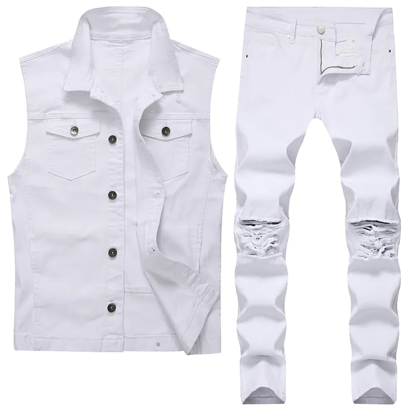 Costume deux pièces blanc pour hommes, survêtement à la mode, gilet en jean à revers effiloché + pantalon slim déchiré, ensemble de jeans printemps été automne B6Q5