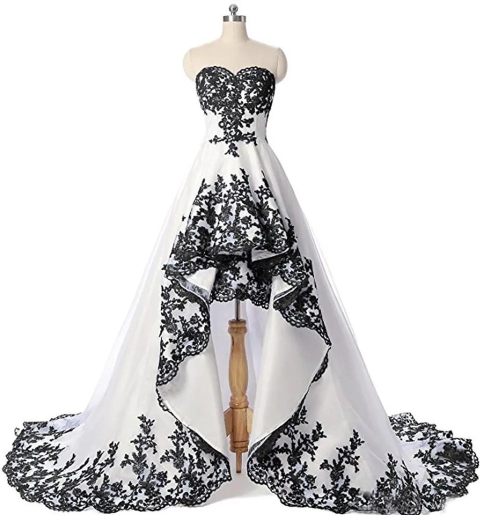 Gotisk svart och vitt en linje bröllopsklänning älskling hög låga brudklänningar spets appliqued robe de marie vintage kort framsida lång bakgård trädgård brud klänningar plus storlek
