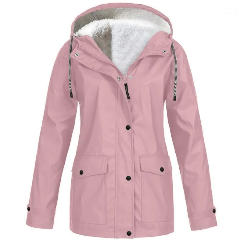 Plus Size Women Jacket Coat Fleece Höst Vinter Rain Coat Vattentät Vindtät Hooded Camping Tour