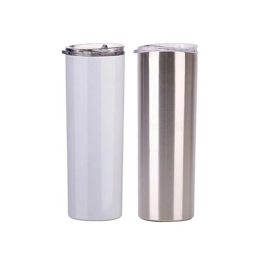 Toptan 20 oz boş beyaz süblimasyon su şişesi sıska tumbler çift duvar yalıtımlı vakum 304 paslanmaz çelik kahve kupa ile plastik saman