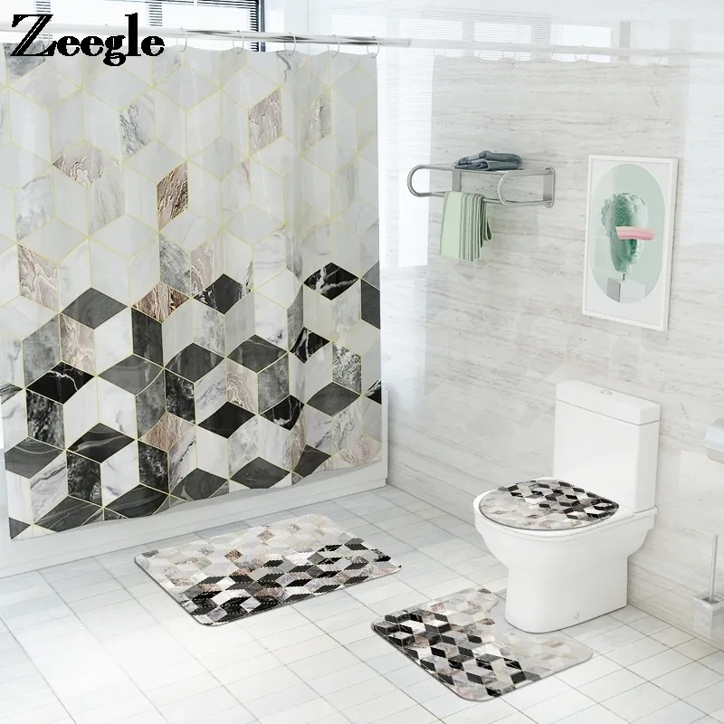 Marble Pattern Shower Curtain with Bath Mat Set Microfiber Toilet Carpet Bathroom Carpet Shower Room Foot Mat Bathroom Floor Mat