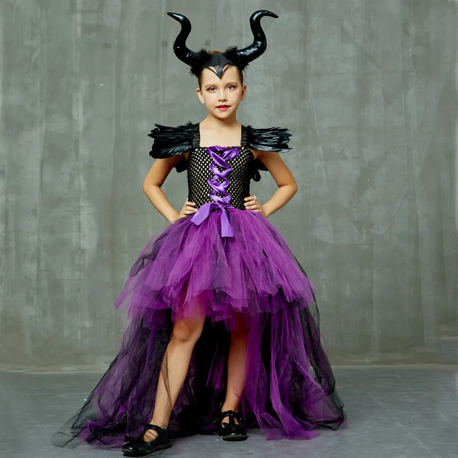 Purple Black Children Maleficent Costume Girls Dark Witch Villain Halloween Fancy Tutu Dress Evening Party Carnival Ball Gowns (11)