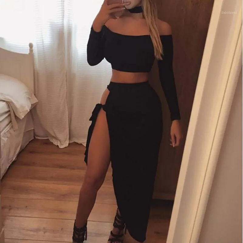 Seksowne Dwuczęściowe Zestaw Kobiety Dress Off Ramię Crop Top Choker + Slit Długa Spódnica Kostium z długim rękawem Koszula Black Party Club Suknie Hot1