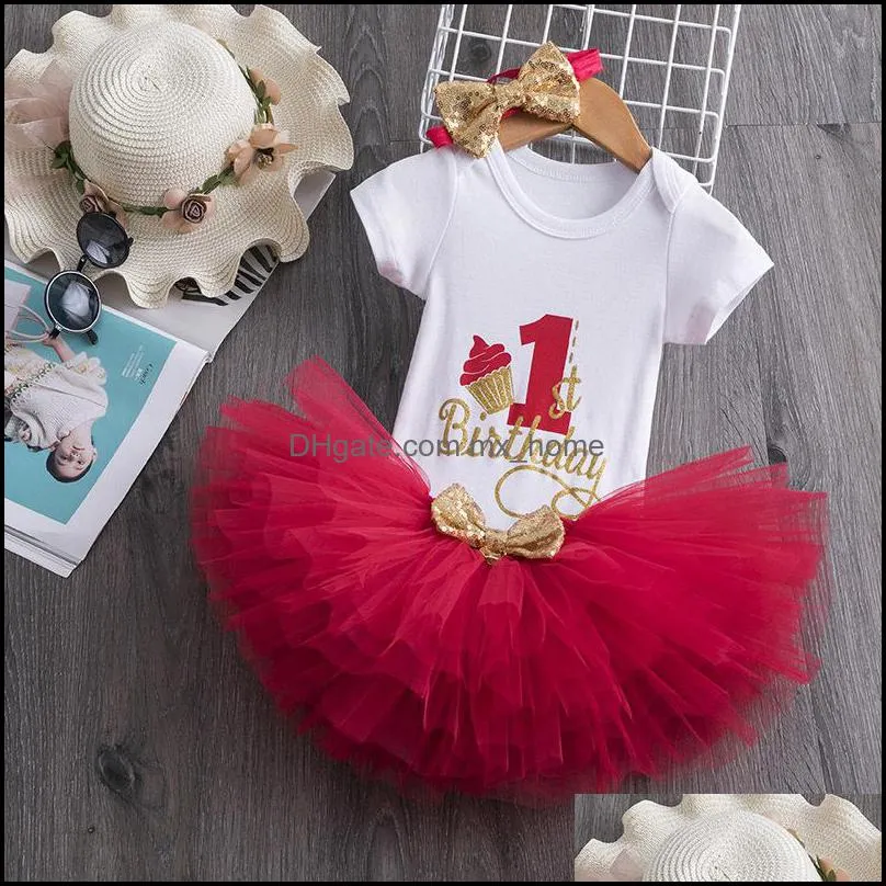 Baby letter Clothing Sets girls Sequins Bow headband+letter romper+TuTu lace skirts 3pcs/set Boutique kids Birthday party Clothes Set