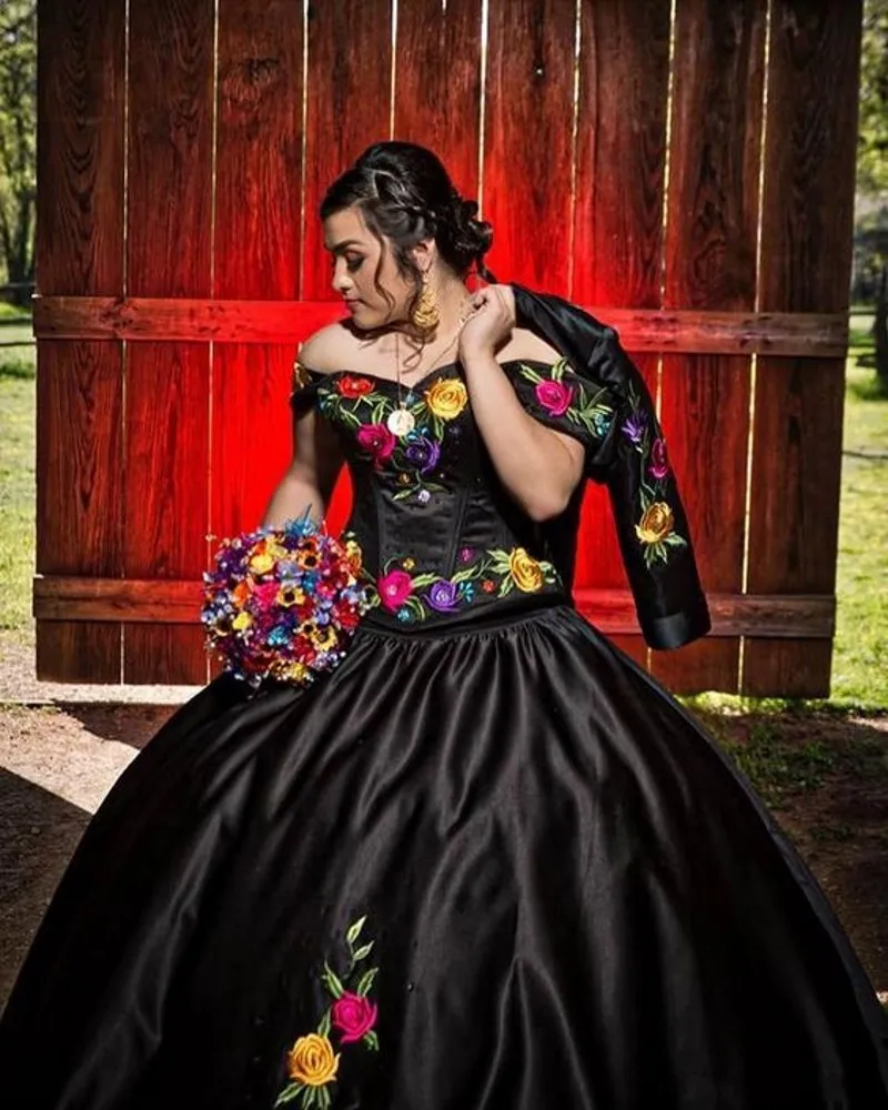 Off-Shoulder Black Satin Ball Black gown for wedding with Embroidered Beading and Charro Detailing - Perfect for Sweet 16, Quinceanera, Prom, and