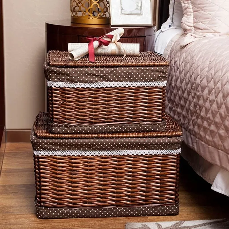 Panier à linge en osier fait à la main avec un couvercle en tissu pointillé de grande capacité marron divers vêtements livres panier de rangement meubles d'intérieur LJ201204