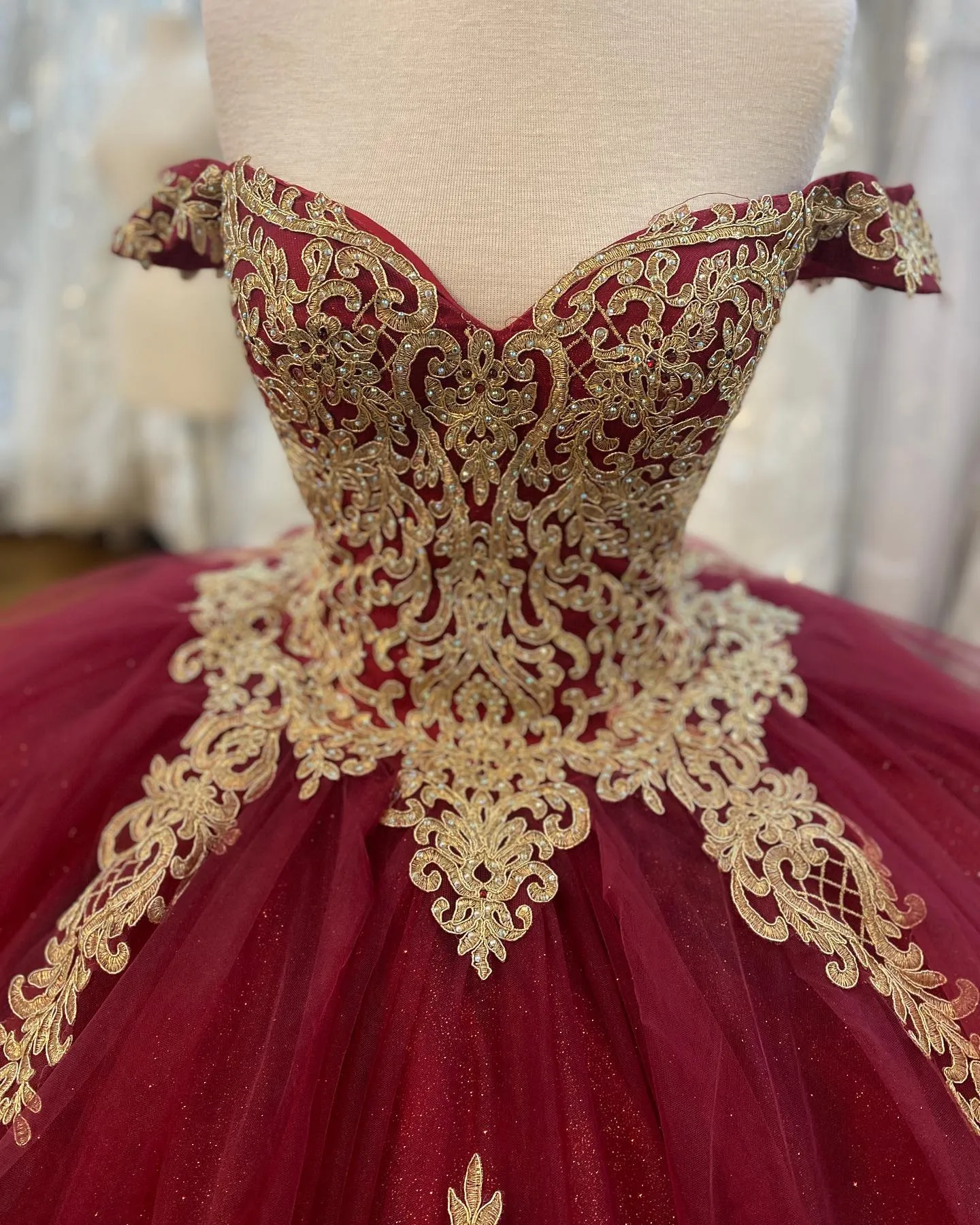 Off-Shoulder Ball Gown Quinceanera Dress - PromGirl Burgundy/Gold / Medium