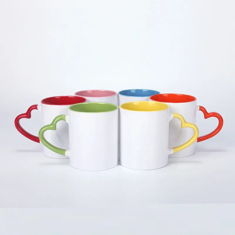 sublimation ceramic mugs 11oz white sublimation cup with heart handle colorful inner coating water bottle coffee cup