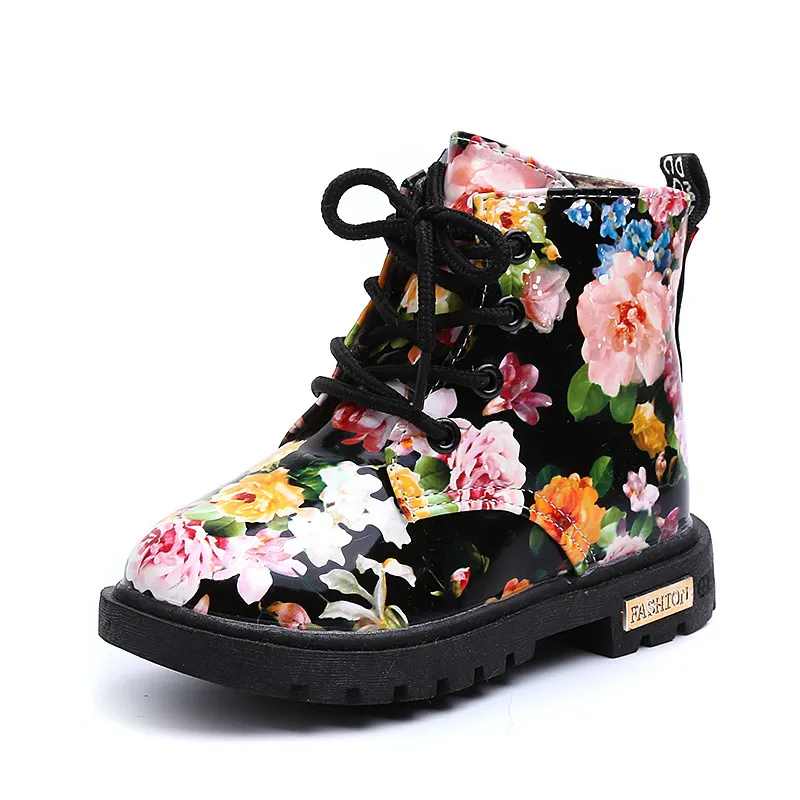 Bottes de filles confortables Floral Martin Botas Taille 21-30 Kids Rubber Sole Graceful Flower Imprimé pu en cuir Bottes Welcome Wholesale 201128