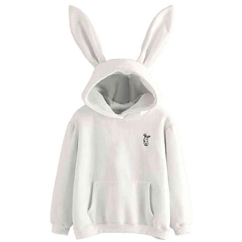 QRWR Autumn Winter Women Hoodies Kawaii Rabbit Ears Fashion Hoody Casual Solid Color Warm Sweatshirt For 220115