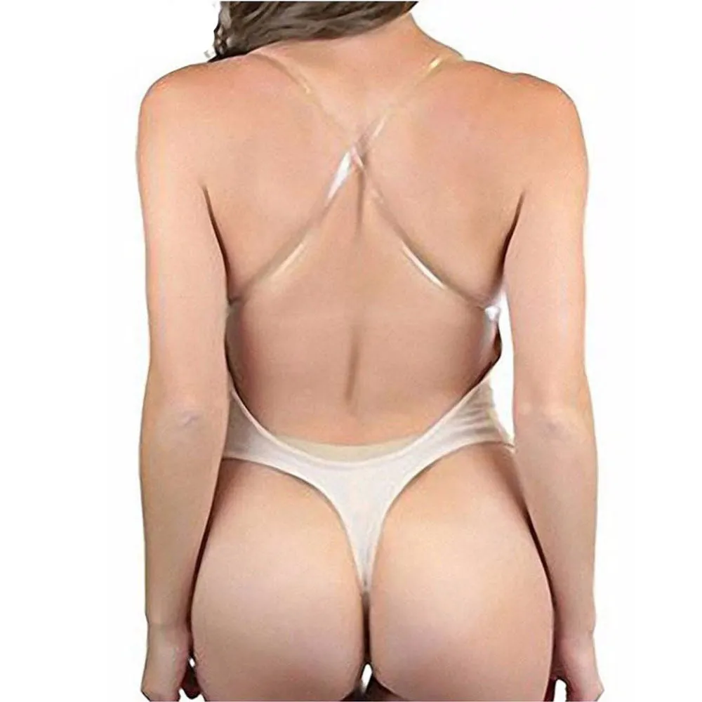 Women Body Shaper Clear Strap Backless Shapewear Deep Plunge Thong Push Up  Padded Bra Bodysuit Low Back Beige Slimming Underwear Y200706 From Luo01,  $38.74