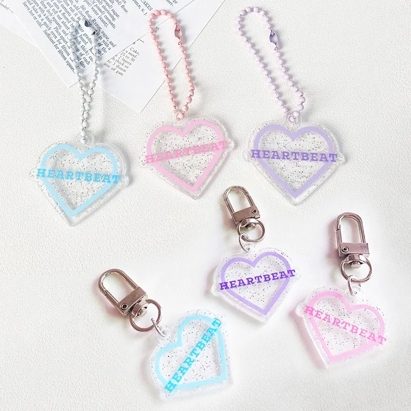 Korean Colorful Love Key Holder Flash Powder Transparent Acrylic Girl Cute Decorative Pendant Backpack Keychain Gift Accessories