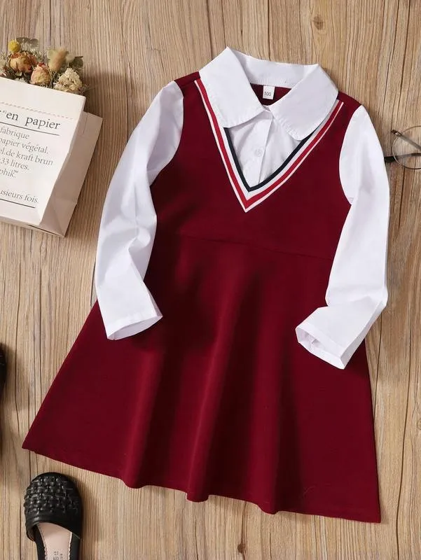 Toddler Girls Color Block Kontrast Paski Taśma 2 w 1 Sukienka Ona