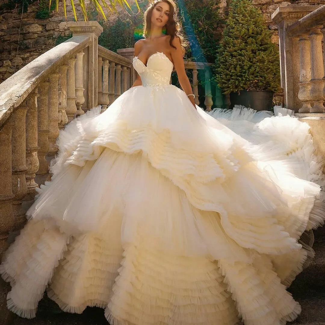 Puffy Wedding Dresses Tiered Ruffle Sweep Train Plus Size Lace